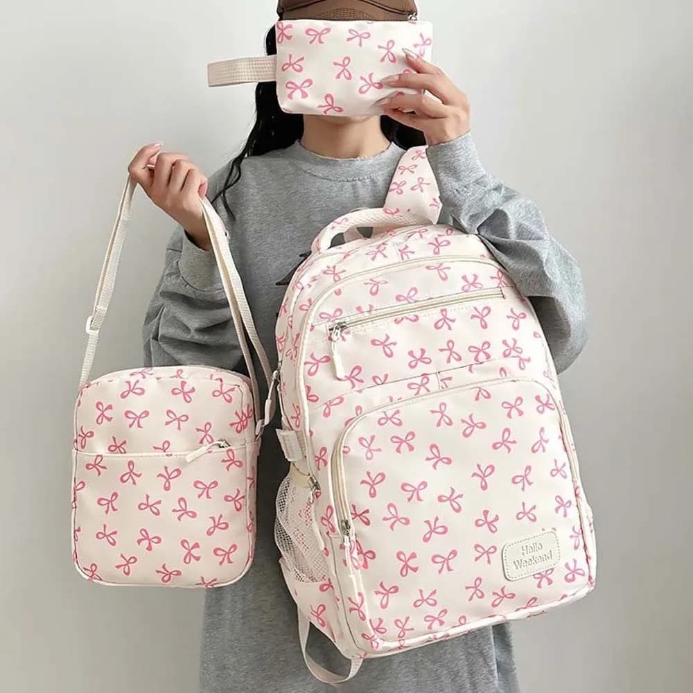 Set di tre zaini scolastici casual con astuccio, zaino in nylon con fiocco, tracolla resistente, per studenti, uso quotidiano.