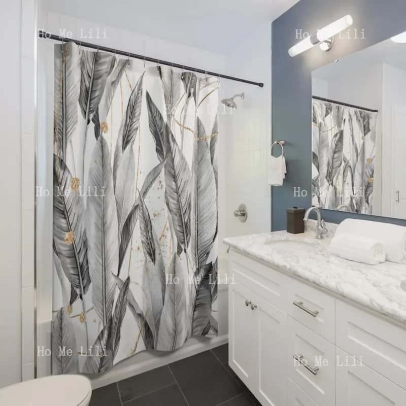 Tende da doccia Boho Giungla Foglie di palma tropicale Grigio Bianco Nero Oro Polvere Beige Arredamento minimalista Tenda da bagno moderna