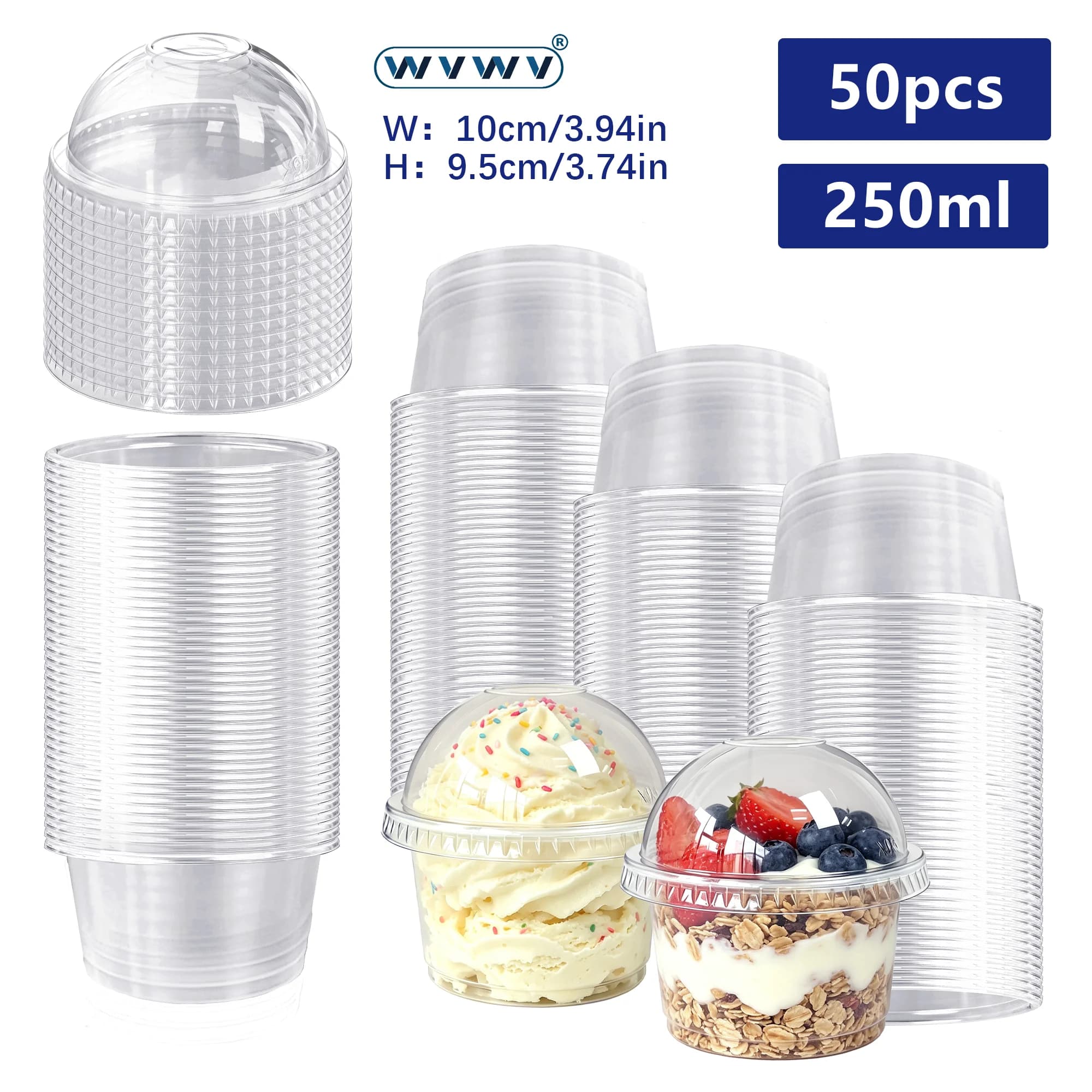 50Pcs 250ml Transparent Plastic Ice Cream Cups with Lids, Pudding Cups, Transparent Cups for Dessert Tables, Mousse Pudding Fruit Salad Ice Cream Packaging Boxes, Suitable for Restaurants, Picnics, Football Parties, and Family Gatherings