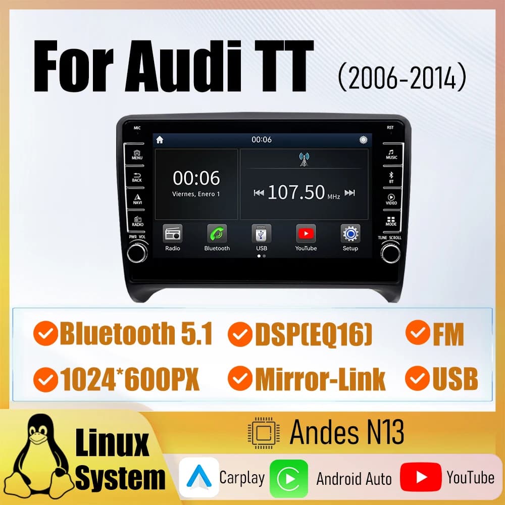 Autoradio da 8 pollici per Audi TT con sistema Linux, Carplay wireless, Android Auto cablato, radio USB, Bluetooth 5.1, FM e MirrorLink