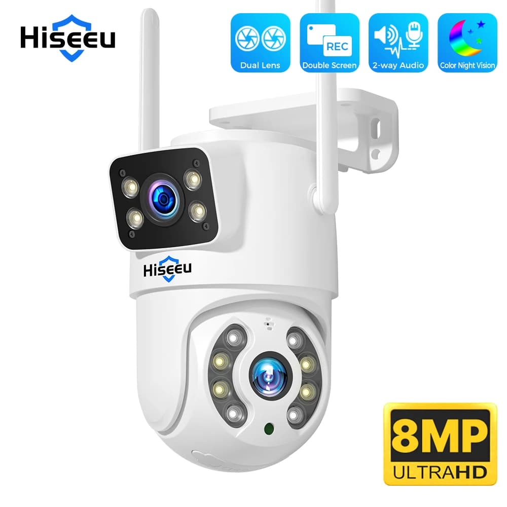 Hiseeu 4K 8MP Wifi Telecamera di sorveglianza Doppia lente Zoom digitale 4X AI Rilevamento umano ONVIF Telecamere IP PTZ di sicurezza esterna wireless