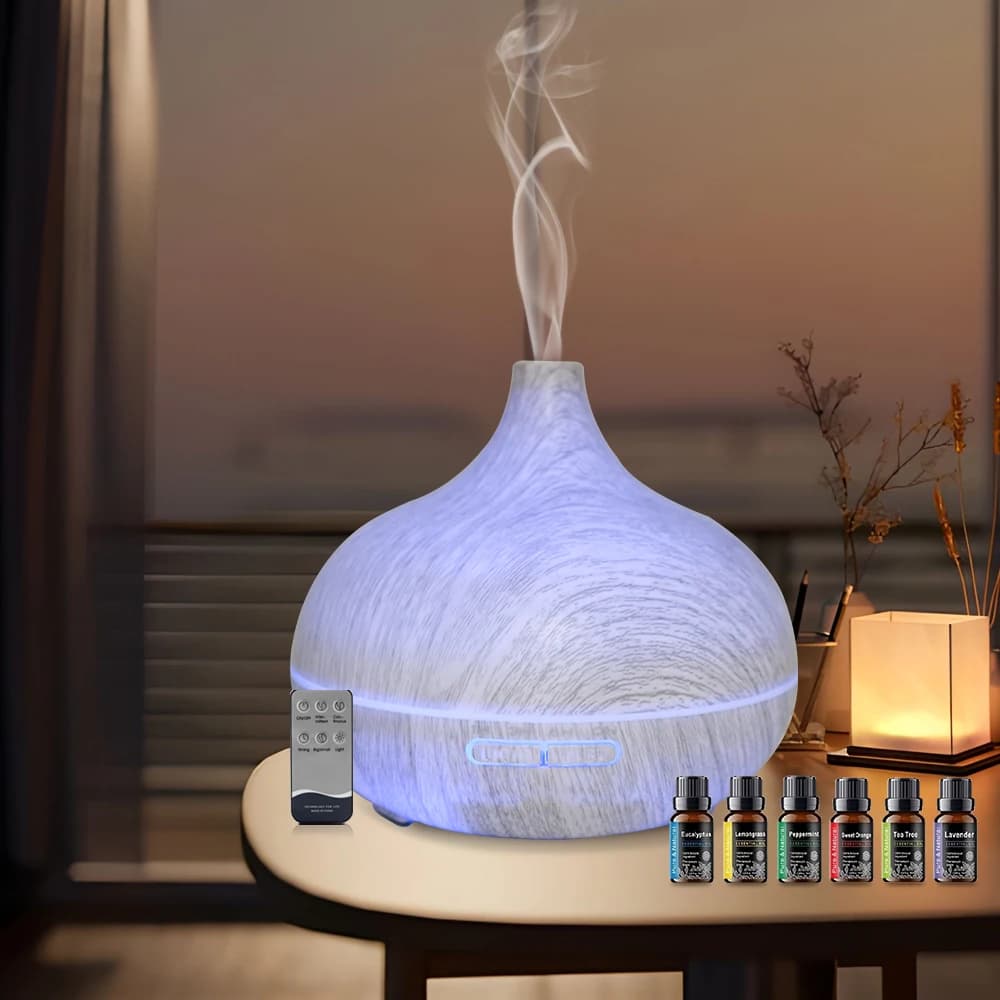 Diffusore di oli essenziali con venature del legno 550 ml, telecomando, ultrasuoni e silenziosi con 6 oli premium