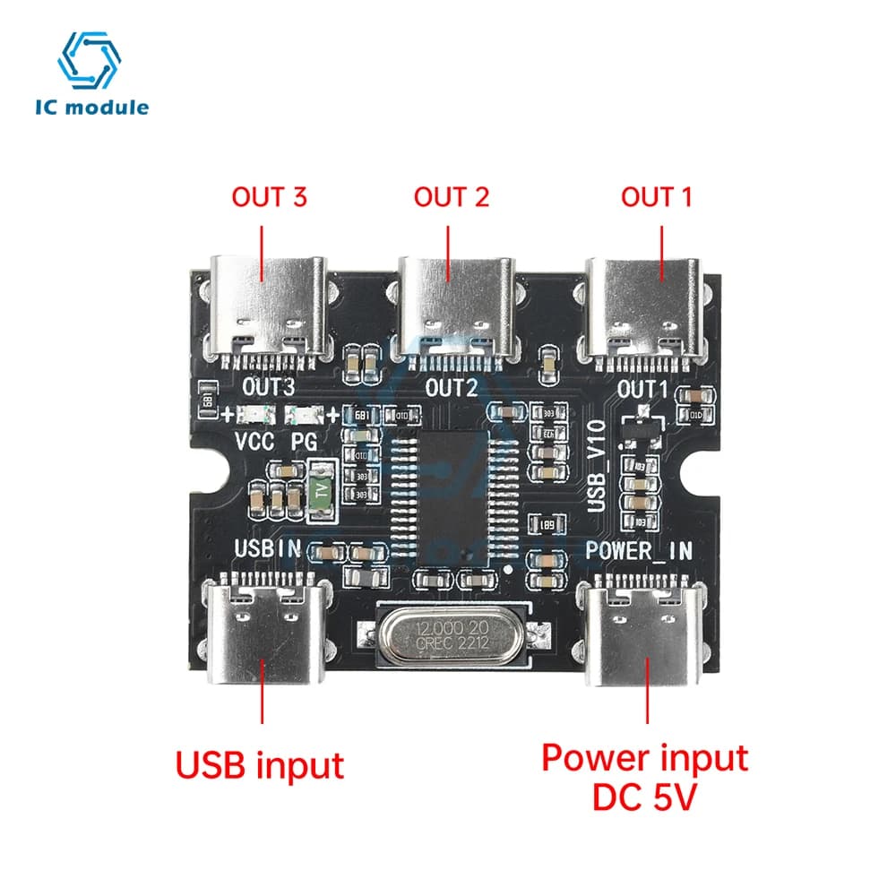Hub della scheda di espansione USB di tipo C 1 in 3 uscite Modulo di espansione USB Hud con interfaccia di alimentazione