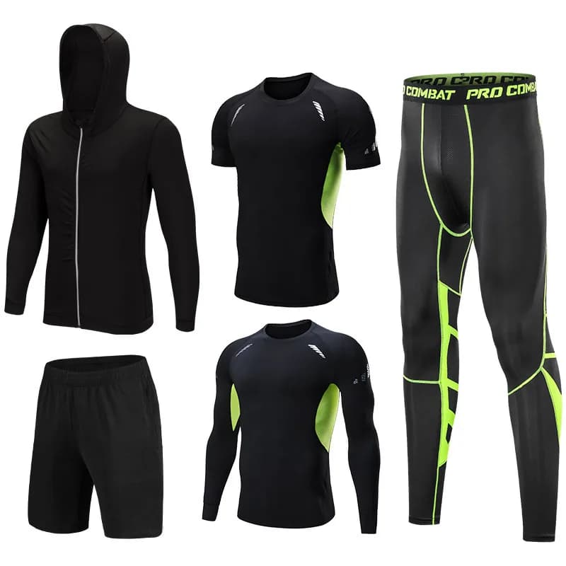 Green Men's 5pcs Running sets Boxing suit rashguard male kit MMA compression clothing long-sleeved t-shirt+leggings tracksuit