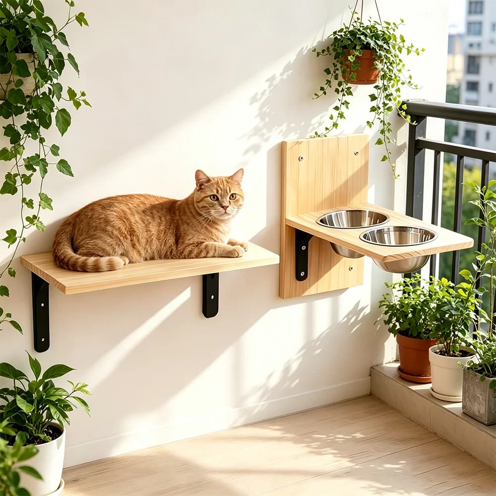 Wall Mounted Cat Bowls with Shelf Cat Feeding Station with Stainless Steel Bowls Space-Saving Cat Wall Feeder for Indoor Cats