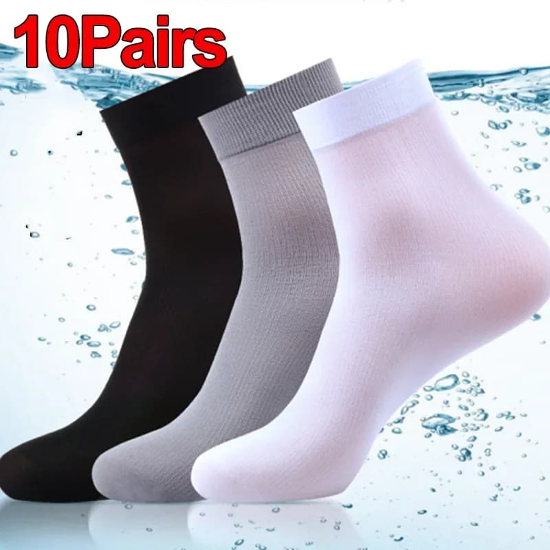 10Pairs Men Socks Summer Ultra-thin Stripe Breathable Socks Ice Silk Bamboo Fiber Antibacterial Solid Business Men Long Socks
