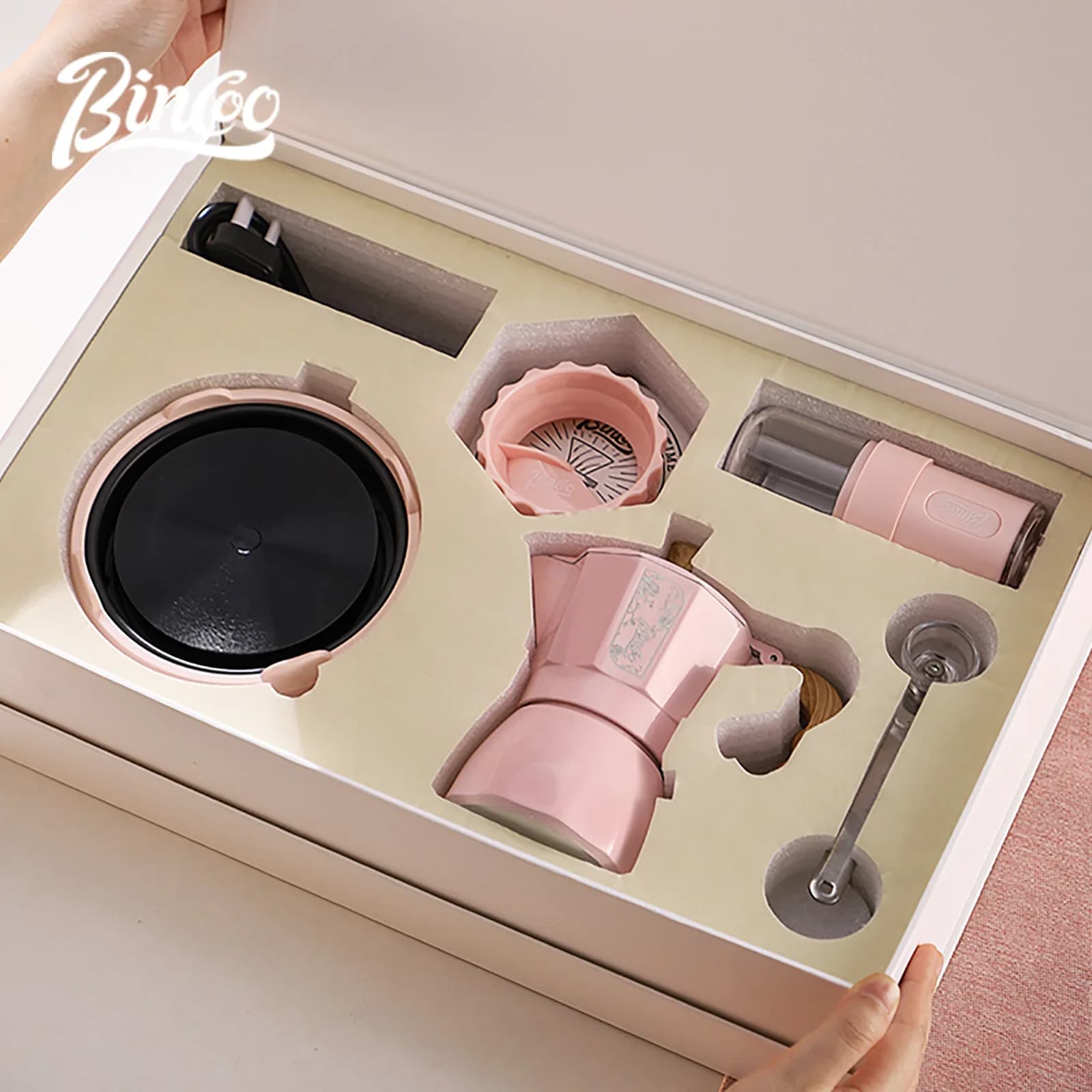 BINCOO Double Valve Moka Gift Pack Coffee maker Espresso Coffee maker Italian House Outdoor Coffee maker Prepared Mano 220v