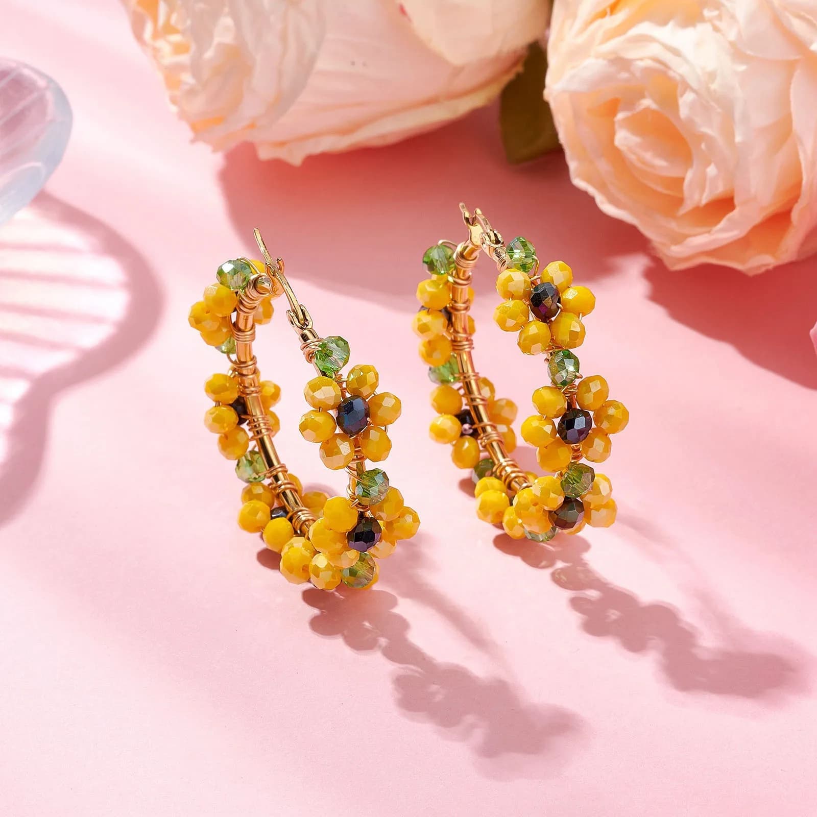 ZGMXR Orecchini con perline di riso Fiori di cristallo Creatività Cerchio della Boemia Tessitura a mano Lega Moda femminile Semplicità Orecchini con perline