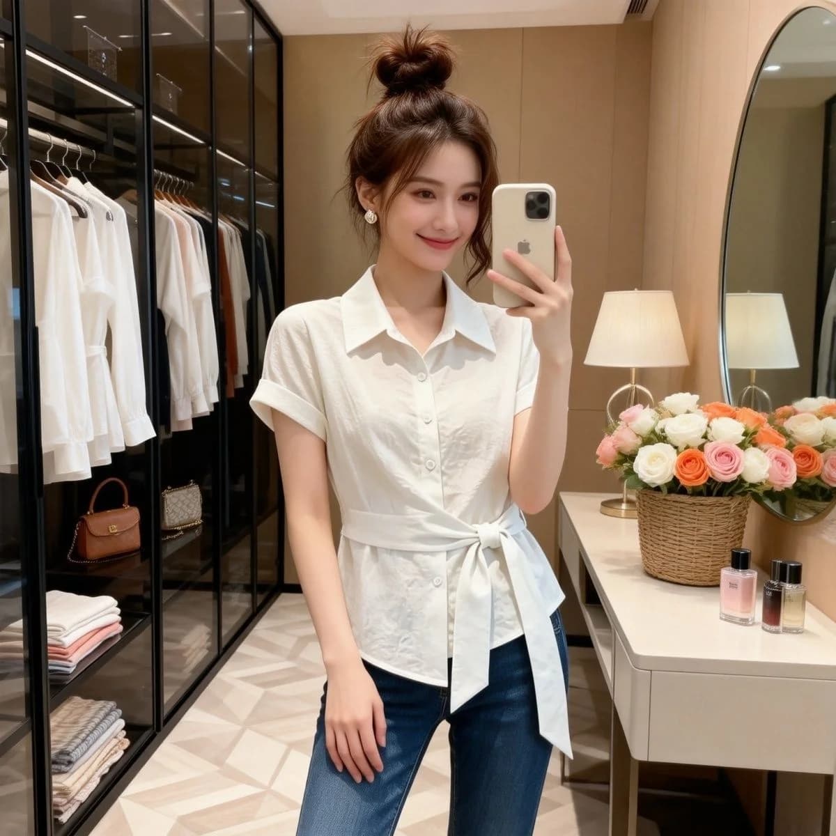 Camicia da donna alla moda in stile coreano, nuovo design estivo, con cintura in vita, colletto risvoltato, top che nasconde le imperfezioni