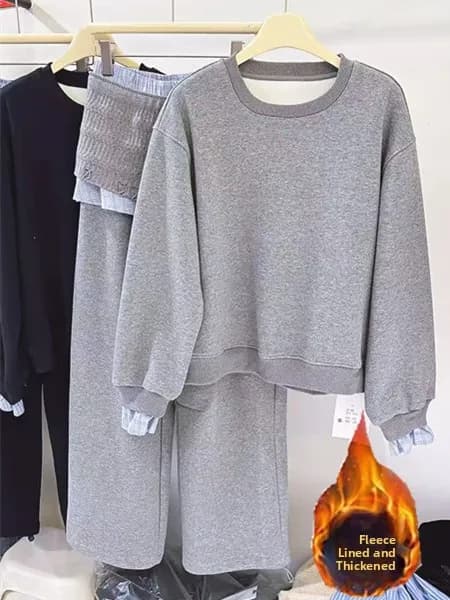 Thickened Fleece Hoodie And Wide Leg Pants Two Piece Set Women's Spring New Korean Design Sense Ensemble High Waist Long Pants