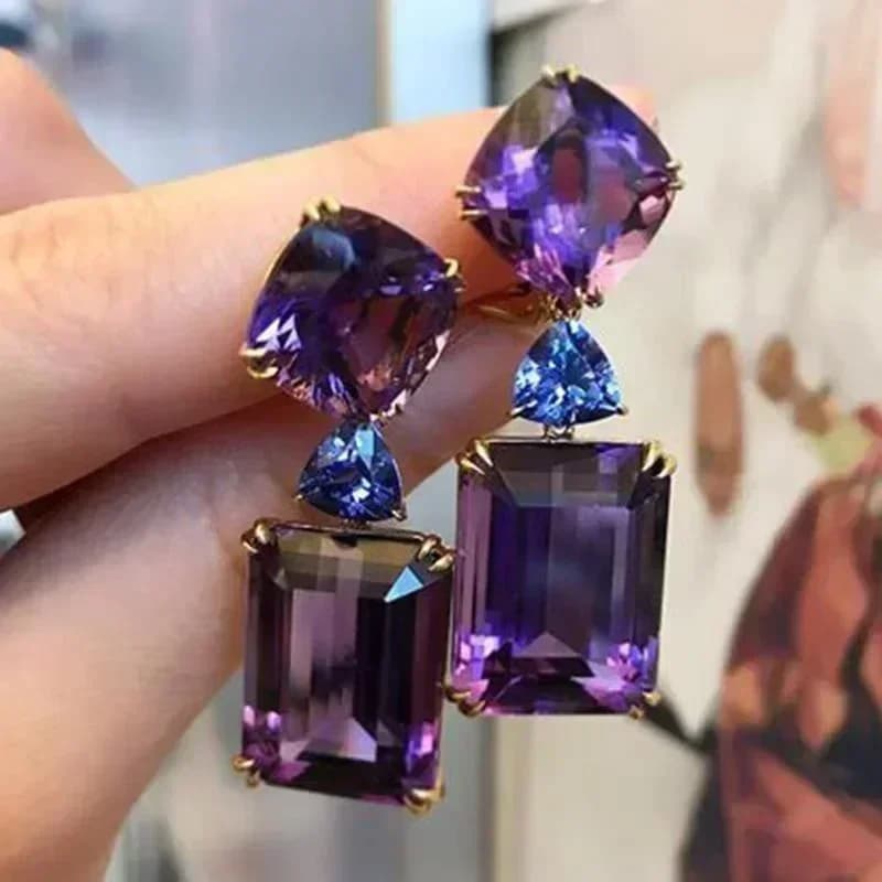 Luxury Square Purple Cubic Zirconia Crystal Earrings for Women New FashionExquisite Fashion Gold Color Dangle Wedding Jewelry