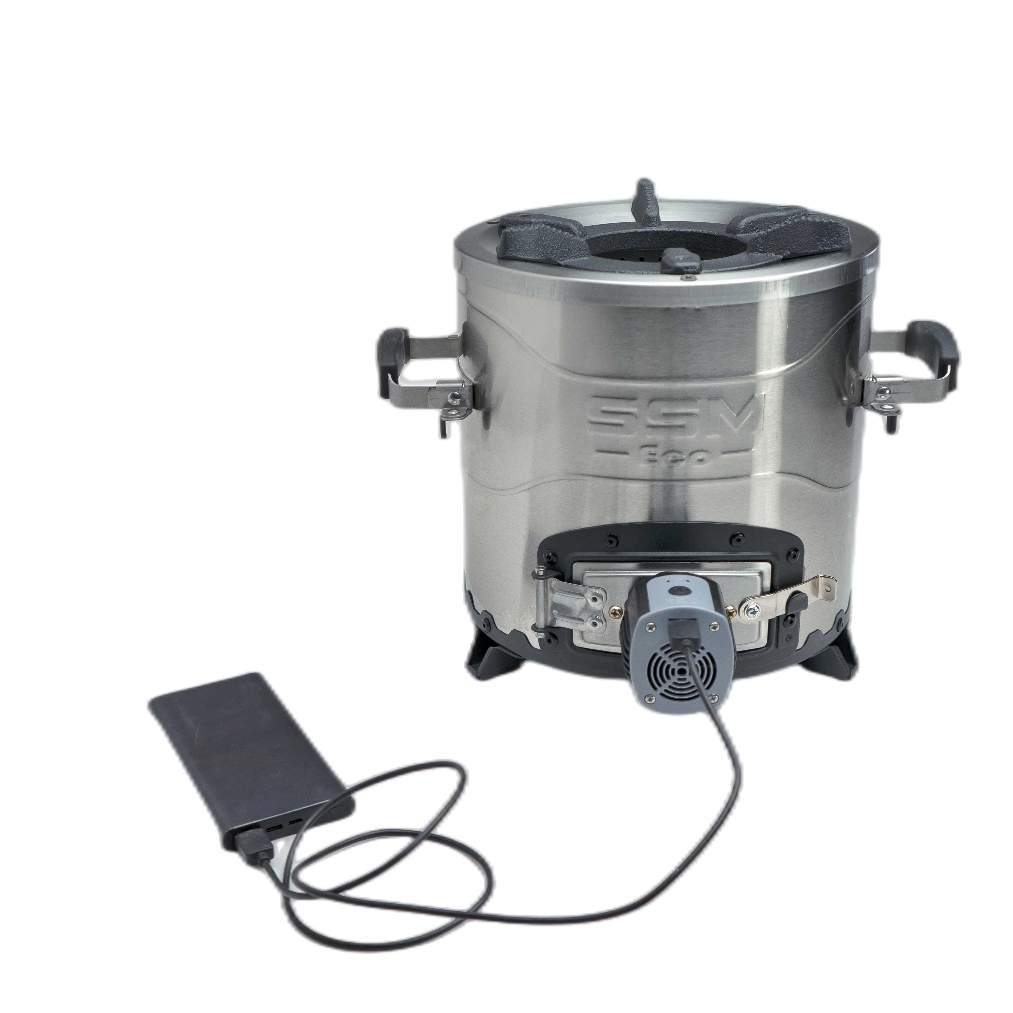 Indoor and outdoor camping stove in stainless steel with pellet fan with folding handles