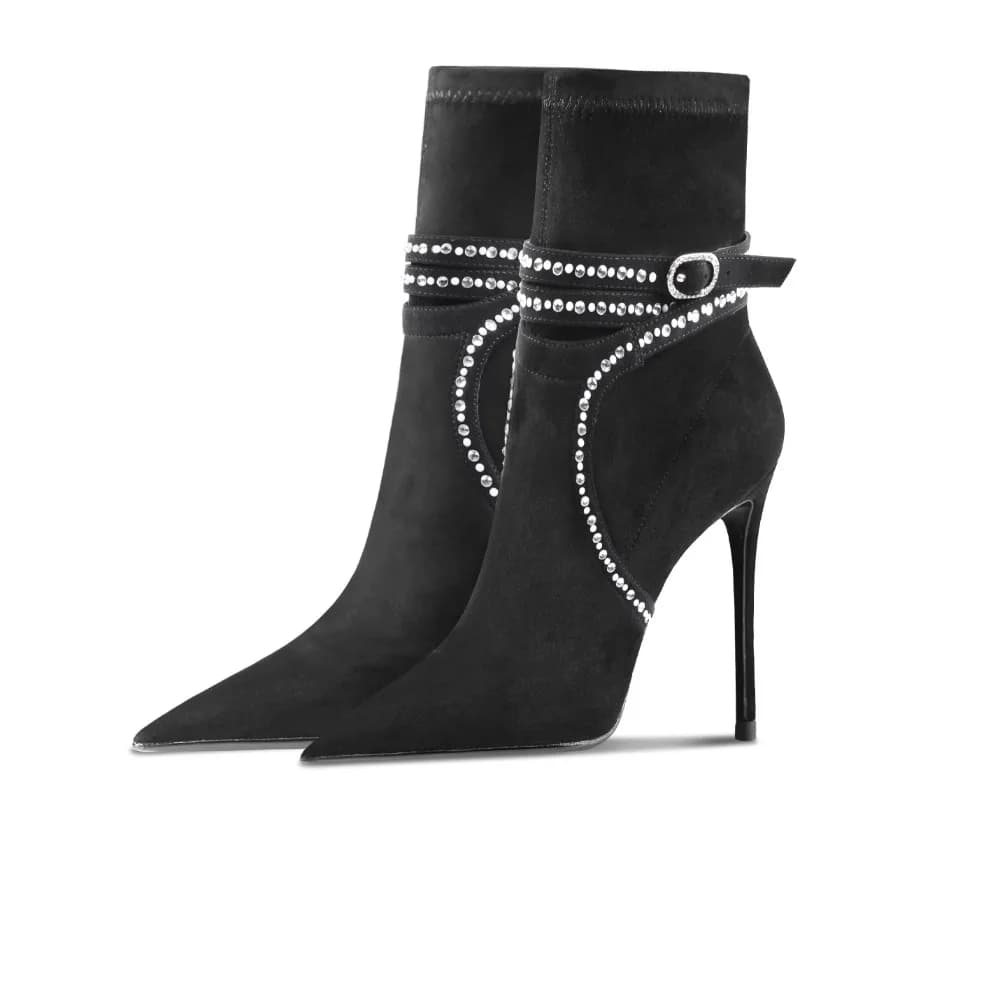 Stivaletti con tacco borchiato con cinturino in pelle scamosciata nera Donna 2025 Nuova moda autunno inverno con punta a punta