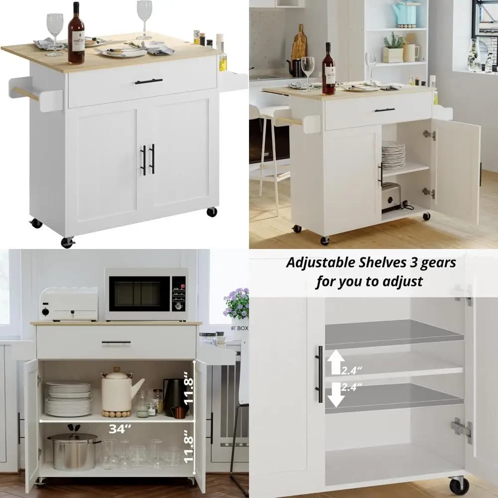 Tavolo da cucina ad isola con ribaltamento, ruote, armadietto portaoggetti, cassetto, portaspezie, portasciugamani, larghezza 47,25, carrello da cucina