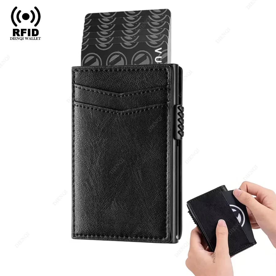 Portafoglio automatico pop-up Rfid Porta carte di credito in pelle PU Porta carte di credito bancarie sottile nero Custodia in metallo Portafogli bifold per uomo