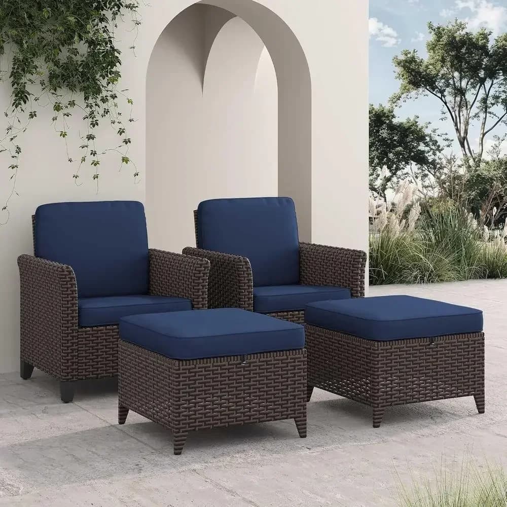 All-Weather PE Wicker Patio Furniture Set: 2 High Back Chairs & 2 Ottomans with Waterproof Cushions