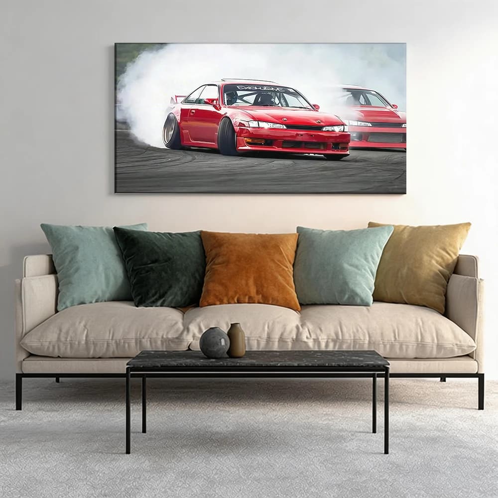 Painted on canvas with large wooden frame, 1 piece. Two red cars running towards the sea, smoke.