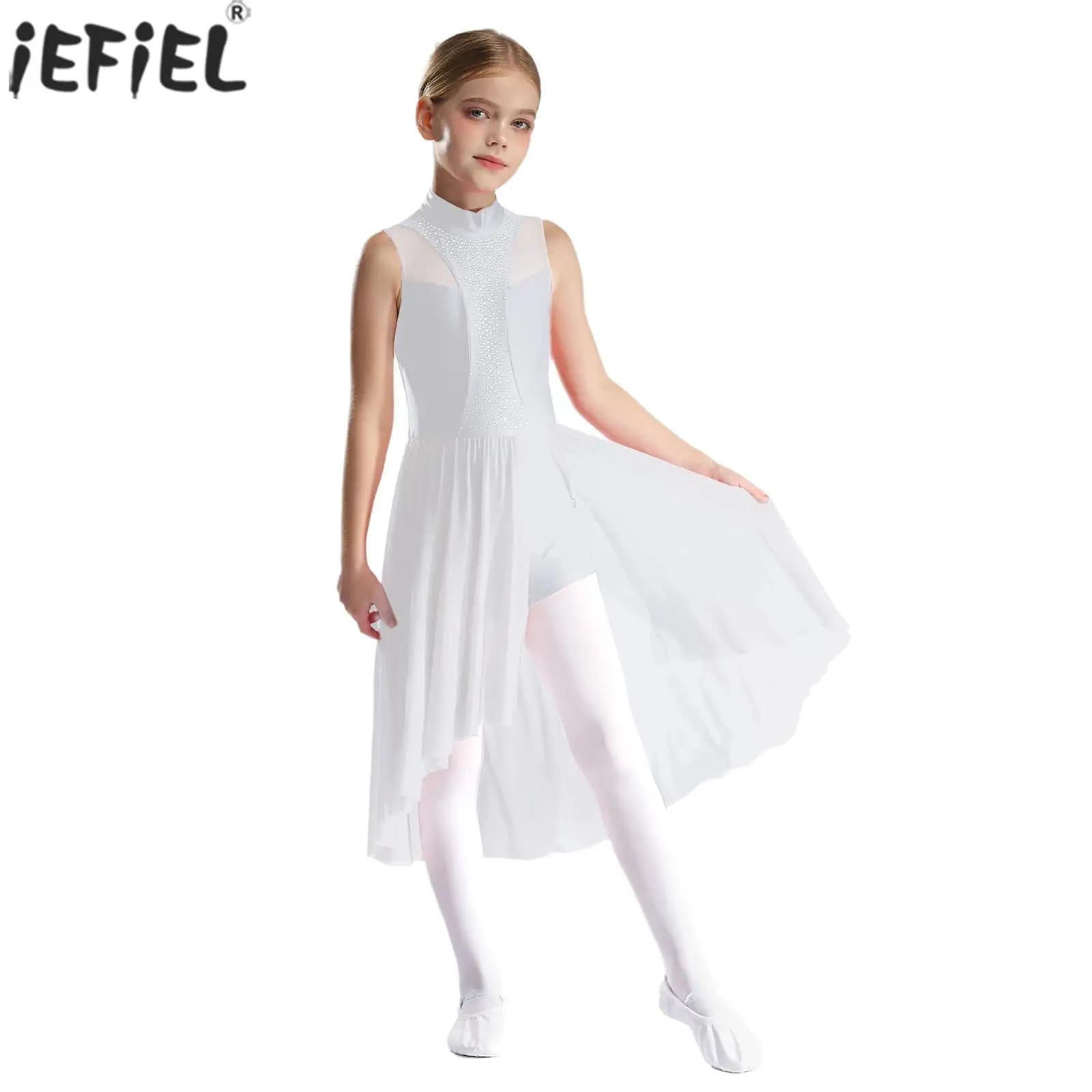 Vestito da ballo lirico per bambina, pattinaggio di figura, balletto, ginnastica, body, strass, senza maniche, in rete, performance sul palco