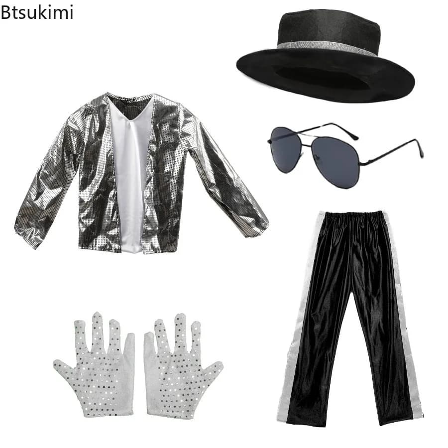Costume da Michael Jackson Billie Jean per Bambini, Abito Nero per Cosplay, Danza, Disco, Halloween, Travestimento Anni '80, Costume da Re del Pop con Top e Pantaloni