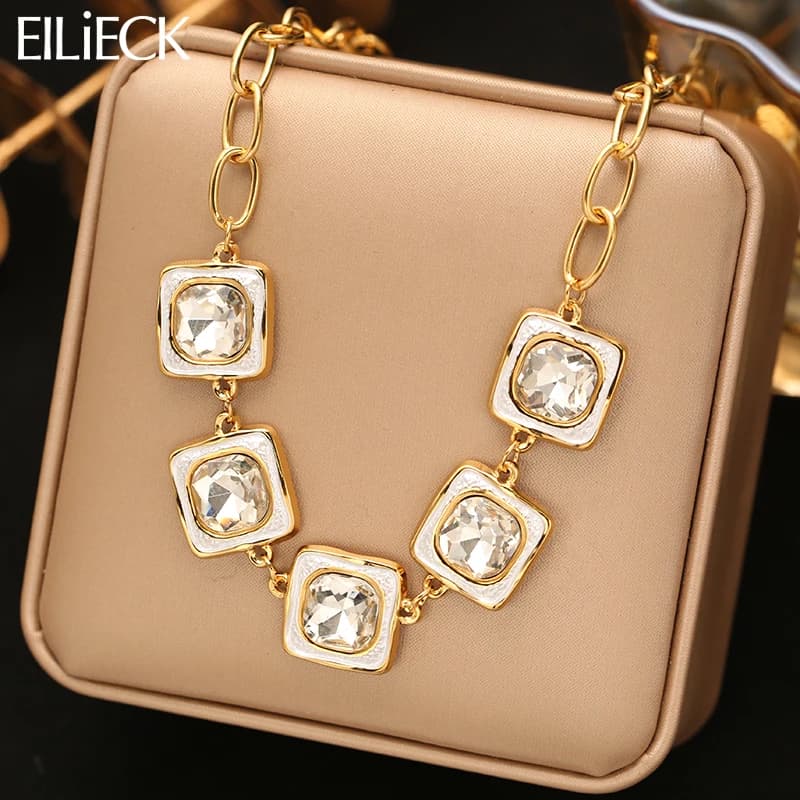 EILIECK Delicata collana con pendente in cristallo quadrato con zirconi per donna, regalo di gioielli con catena per il collo in acciaio inossidabile placcato oro 18 carati
