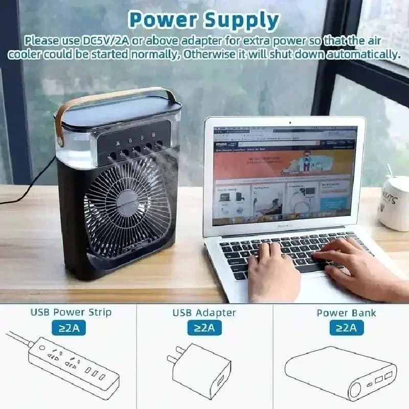 Ventilatore Umidificatore Portatile 3-in-1 con Luce Notturna LED e Nebulizzatore d'Acqua USB per Casa