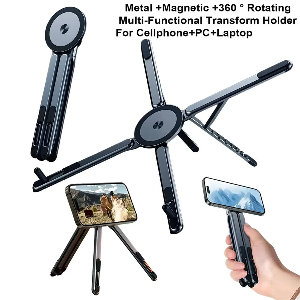 3‑in‑1 Foldable Magnetic Phone Tripod Stand Portable Adjustable Holder Multifunctional Bracket for Phone Tablet Laptop Notebook