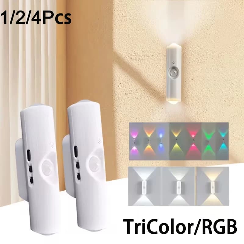 Rechargeable Smart LED Motion Sensor Night Light 1/2/4Pcs 3-Color/RGB Optional Wall Lamp for Bedroom Wardrobe Ambient Lighting