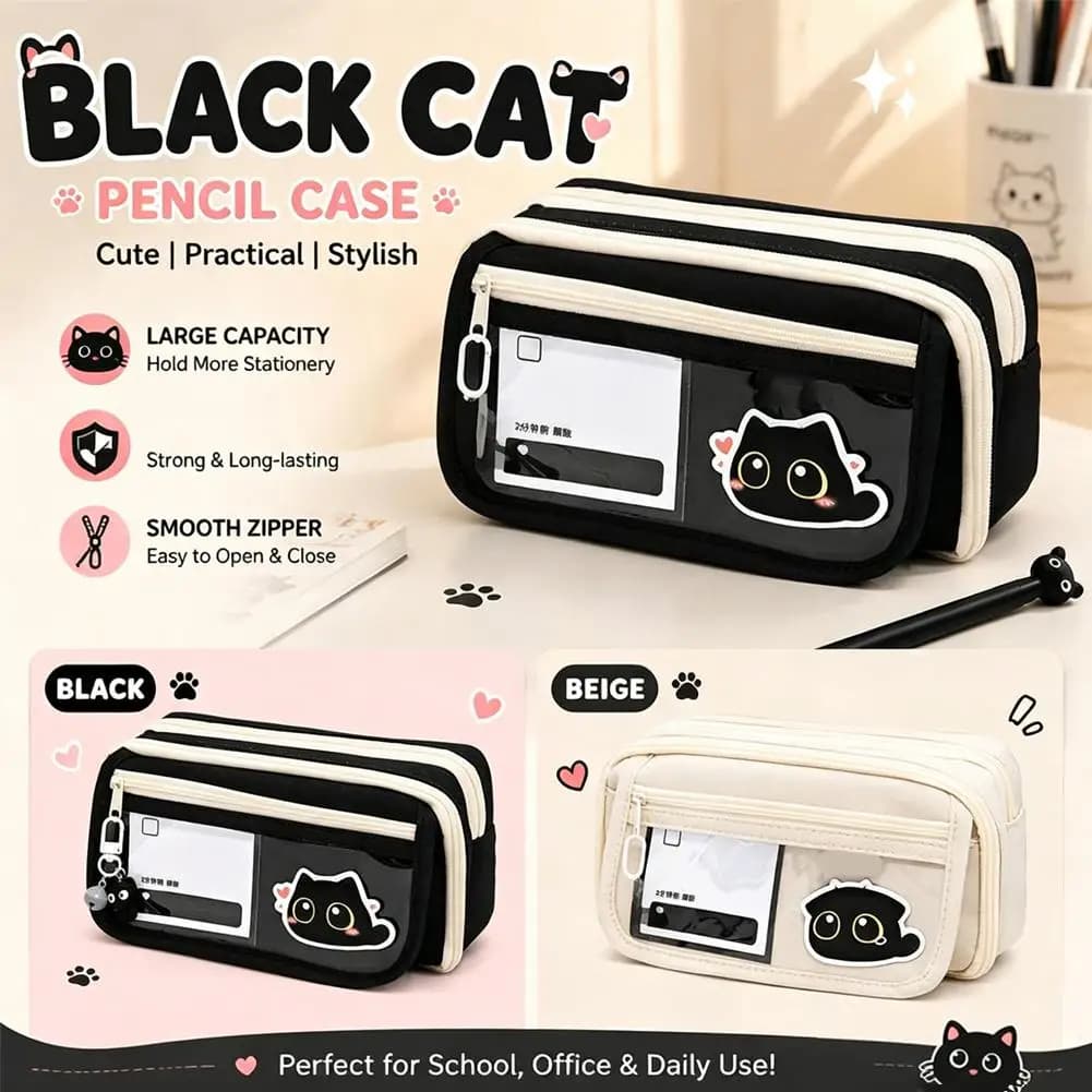 1pcs Large Capacity Cat Pencil Case Set, Multi-layer Canvas Storage, Pencil Case Set - Cat Series - School Stationery