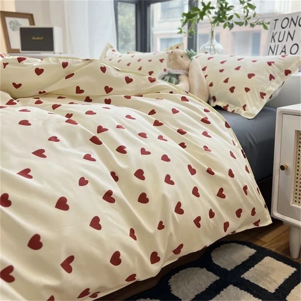 Set di Biancheria da Letto in Stile Coreano per Bambini e Adulti, Misure Singolo, Matrimoniale e Queen, Set Lenzuola con Federe, Copripiumino con Motivo a Cuore