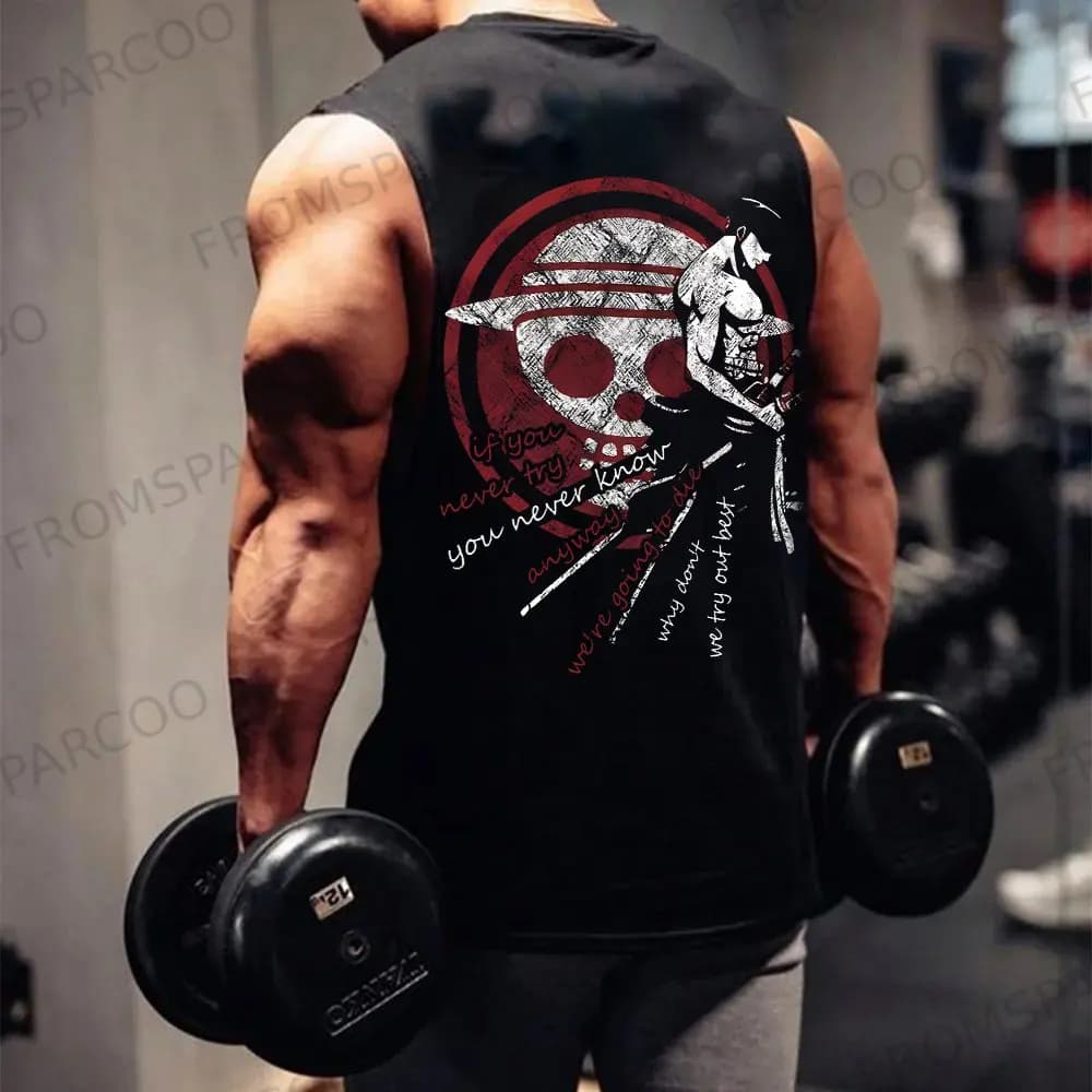 Canotta in puro cotone stampato periferico One Piece Anime Rufy2025 Top fitness da uomo sportivo allentato alla moda estiva