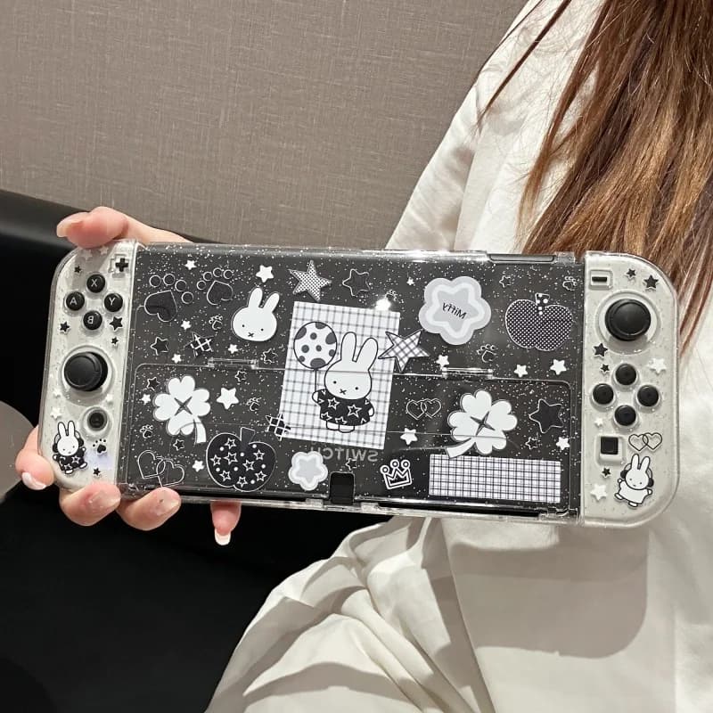 Custodia Protettiva Co-Branded Miffy per Nintendo Switch OLED NS NS2 Lite con Copertura Maniglia Glitterata Trasparente Nera Bianca Accessorio Gaming