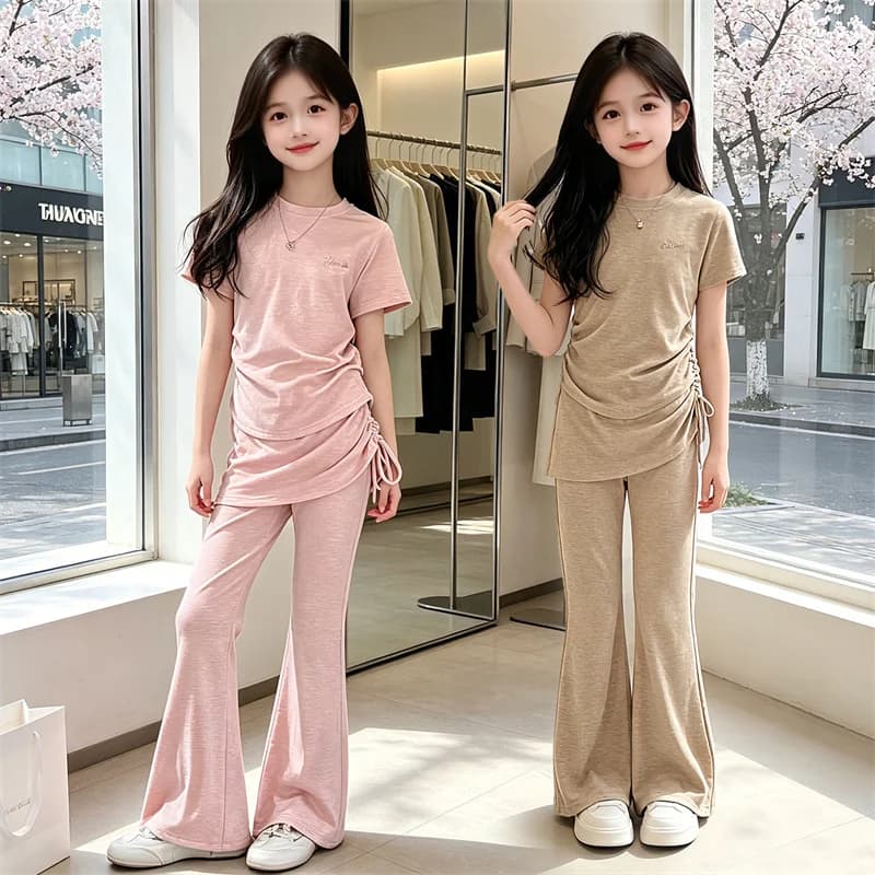 Set di Abbigliamento Casual Estivo per Ragazze Adolescenti: Top con Coulisse + Pantaloni a Zampa alla Moda, 2 Pezzi, Nuovi Arrivi per Bambini 5-14 Anni
