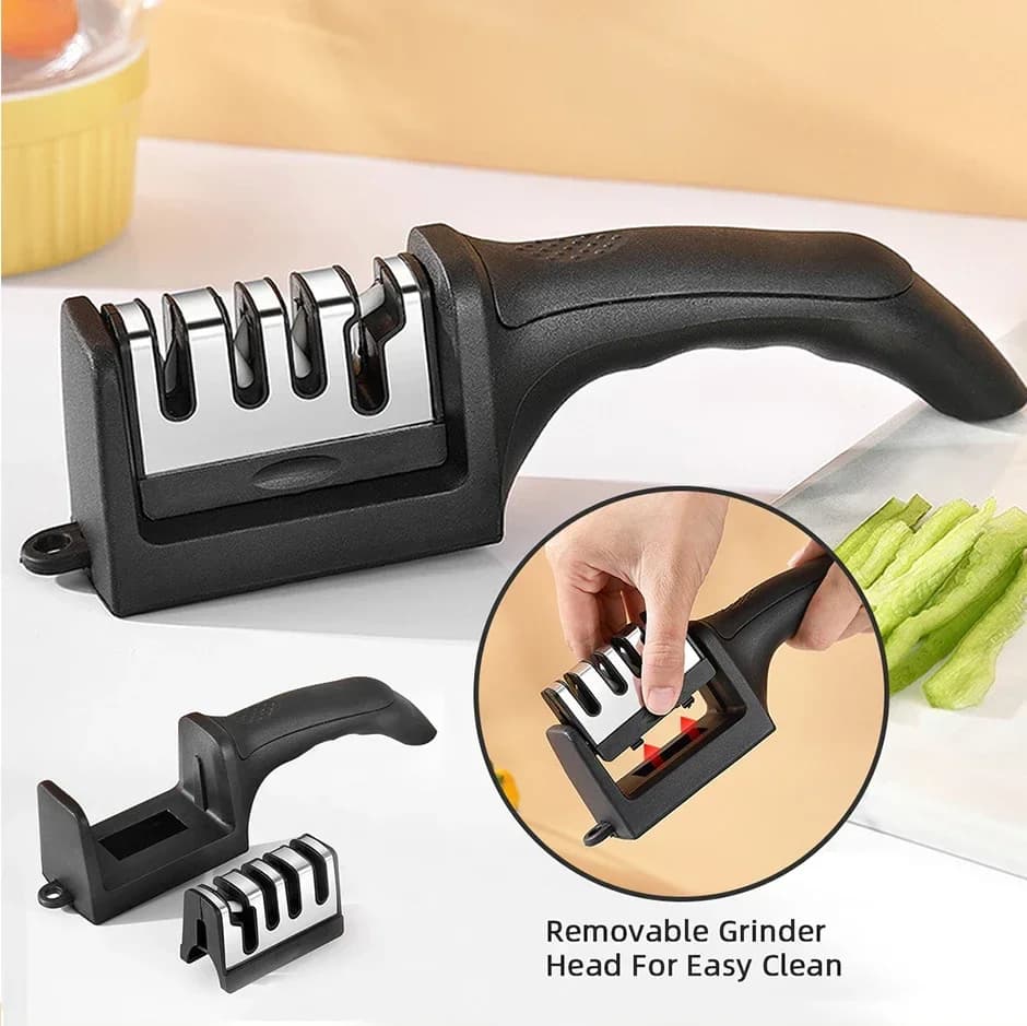 Affilacoltelli a Tre Funzioni e 3 Segmenti per Coltelli da Cucina, Pietra Affilatrice in Acciaio Inossidabile per Utensili da Cucina