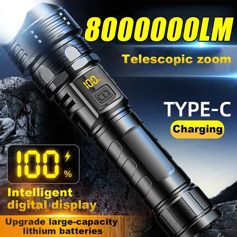 Potente torcia a LED Torcia tattica super luminosa Faretti di emergenza Lanterna con zoom telescopico Batte 18650ry incorporato