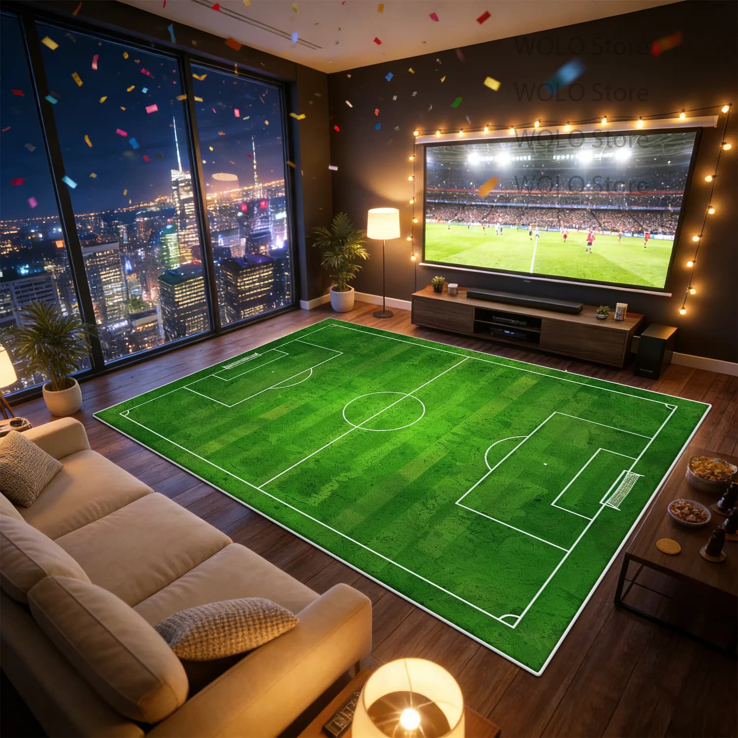 Tappeto 3D Verde a Forma di Campo da Calcio, Grande Tappeto Decorativo per Soggiorno, Antiscivolo e Lavabile, Morbido e Soffice per Camera da Letto e Sala Giochi