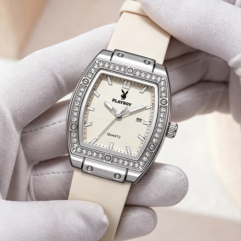 PLAYBOY Brand Luxury Woman Watches Tonneau Quartz Wristwatch Waterproof Luminous Diamond Bezel Watches for Woman Reloj 3146