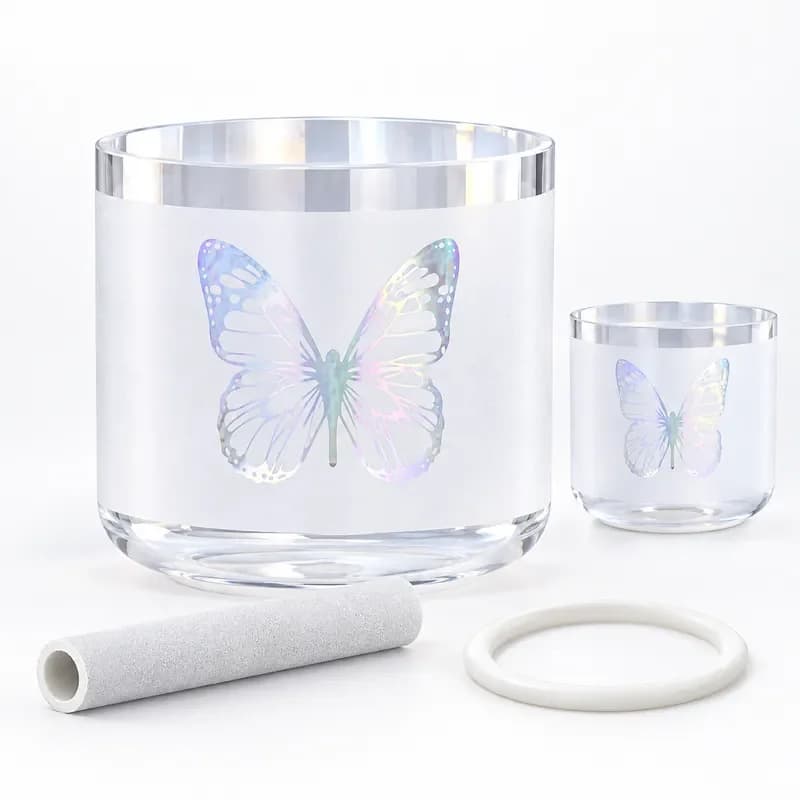 STAR LIN KUP 6 Inch Clear Cosmic Light Quartz Crystal Singing Bowl Dream Snowland Butterfly Design for Meditation Sound