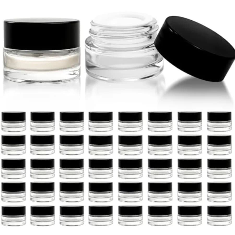 Confezione da 90 Vasetti Trasparenti da 5ml con Coperchi Neri, Contenitori Vuoti in Vetro per Cosmetici con Guarnizioni, Bottiglie Rotonde Ermetiche per Creme