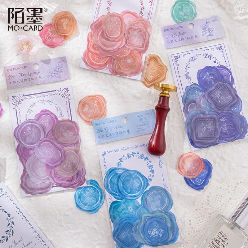 30 Sheets Colorful Candy Wax Seal PET Sticker Pack Bright Sealing Stamp Transparent Decals Scrapbooking DIY Journal Craft Suppli