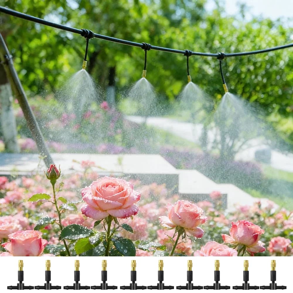 10 three-way atmospheric nozzles for irrigation, with 4/7 microtube, adjustable nozzle for humidification, cooling and dust removal