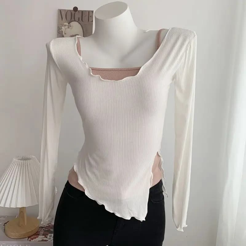 Irregular Slit T-shirts Women Long-sleeve Sun-proof Bandage Fashion Slim Hotsweet Female Temperament Casual Korean Style Chic