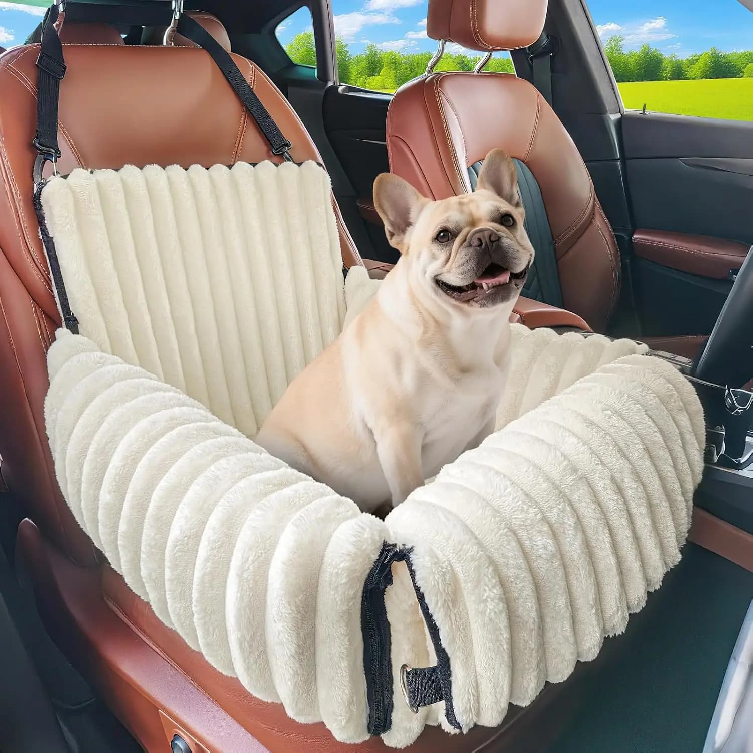 Seggiolino auto convertibile 6 in 1 per cani di piccola/media taglia fino a 25 libbre, copertura rimovibile e lavabile con guinzaglio di sicurezza, beige