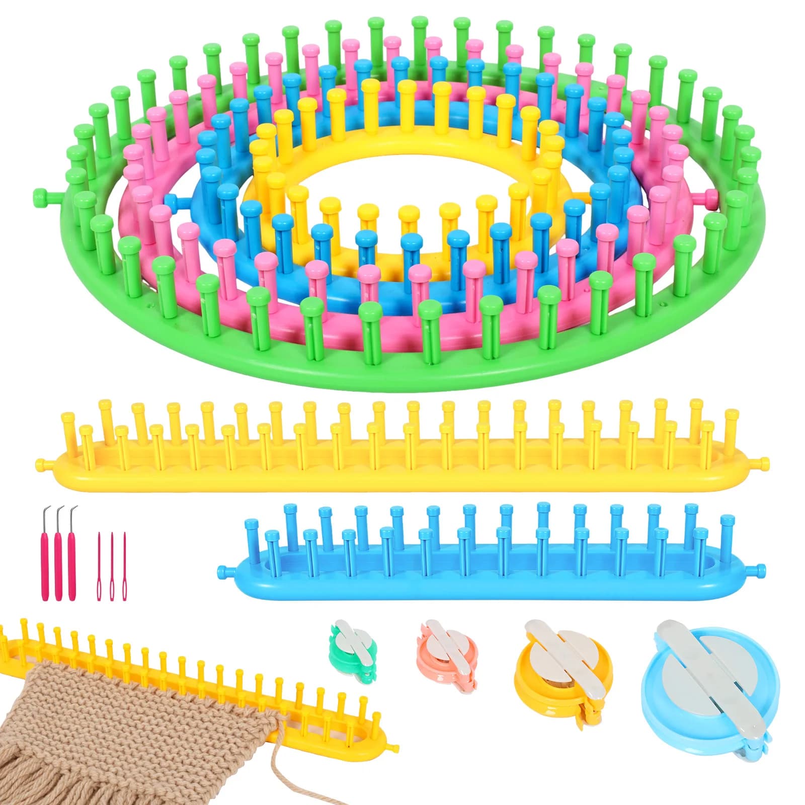 Kit per maglieria manuale: Telaio rotondo e lungo con strumento per pompon per cappelli, sciarpe e scialli, con uncinetto e ago in plastica