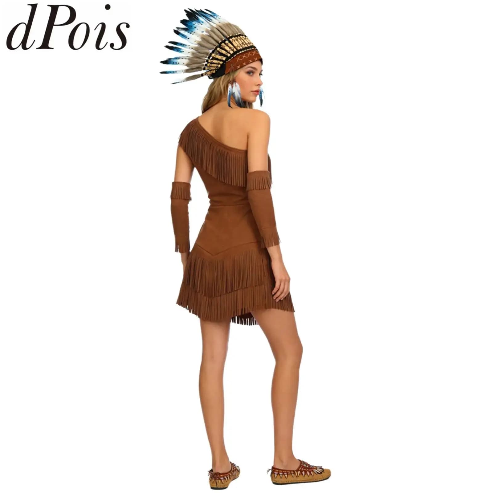 Costume indigeno indiano Donna Savage Halloween Cosplay Abborigeno Vestito cacciatori Abito con frange Maniche Tablita Piuma Copricapo