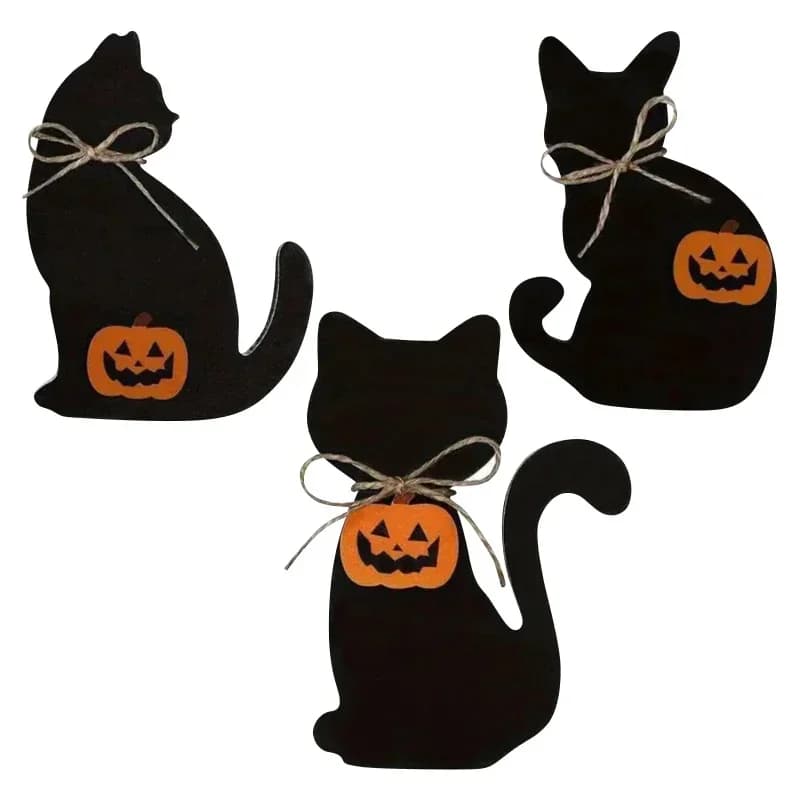 Decorazioni per Halloween: Cartelli in Legno a Forma di Gatto Nero, Segnaposto Rustici per Tavolo, Centrotavola Autunnali per Casa e Scrivania