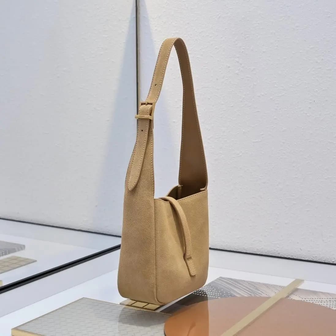 Light Khaki Suede Mini Hobo Shoulder Bag, Adjustable Thin Strap Crossbody with Matching Leather Pouch, Luxury Designer Inspired Vintage Handbag