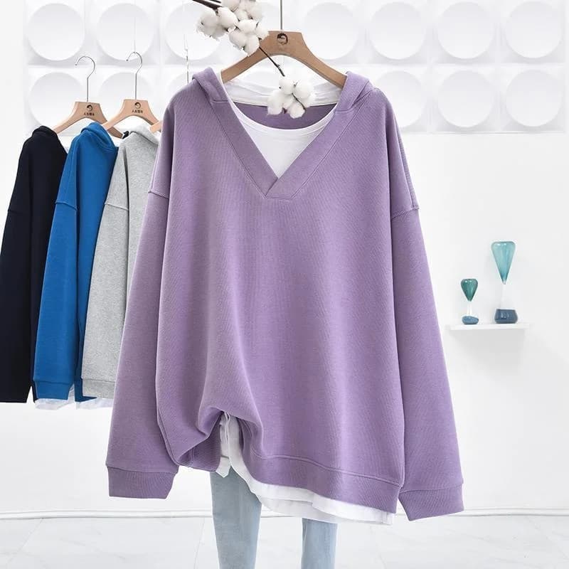 plus Size Women's Hoodie Long Sleeve Casual Loose Fit Spring Autumn Trendy Fake Two-Piece Top for Heavy Girls 300 Pounds