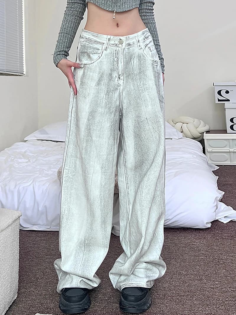 Jeans Denim Lavato Vintage da Donna, Nuovi Pantaloni Estivi a Gamba Larga e Lunghezza Maxi, Design Sensuale con Effetto Drappeggiato