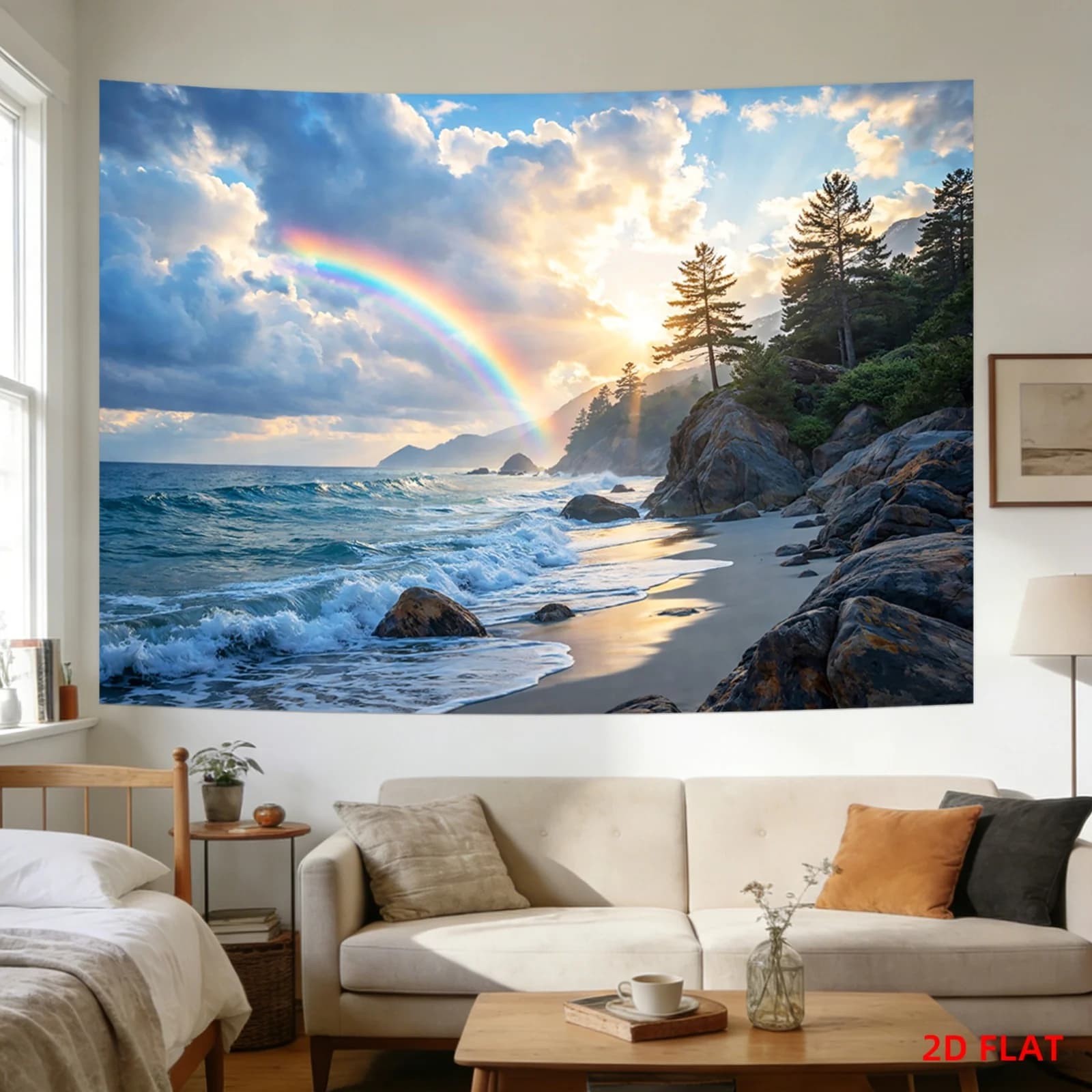 Large Rainbow Ocean Sunset Wall Tapestry Abstract Coastal Beach Art Print Tropical Landscape Decor for Bedroom Living Room Home