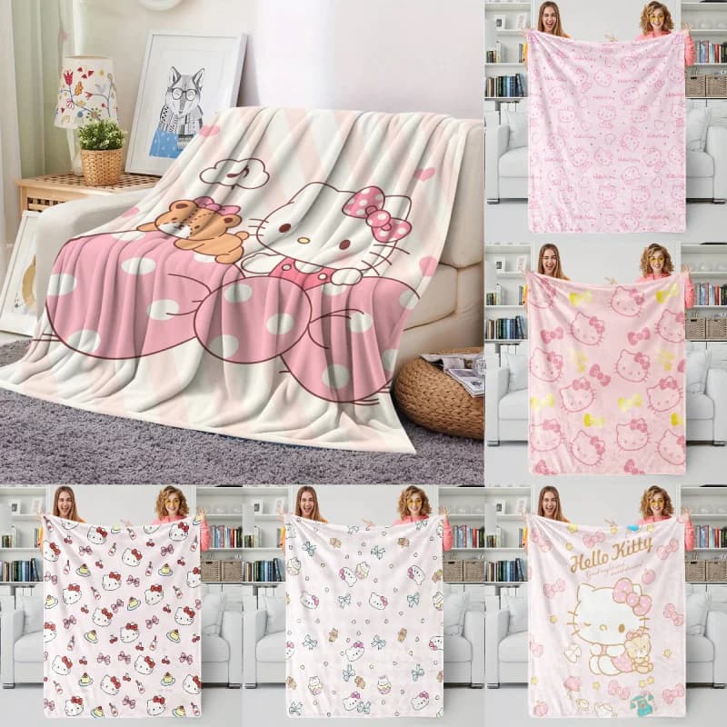 Coperta in flanella Hello Kitty con fiocco grande e orsetto, morbida e calda, in peluche, per divano, letto, ufficio, pisolino, viaggio, campeggio, regalo carino